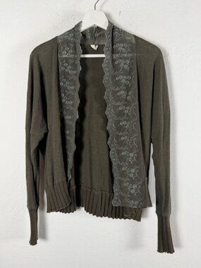 Anthropologie Tiny Womens Lace Trim Open Cardigan Olive Green Linen Blend XS